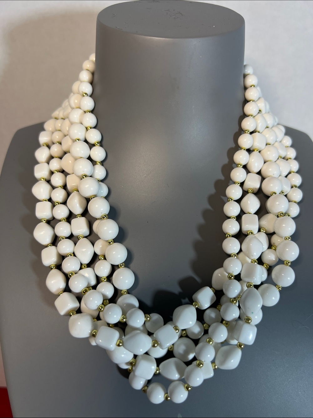 Vintage Five strand white beads necklace gold-tone Elegant Classic Gift Wedding